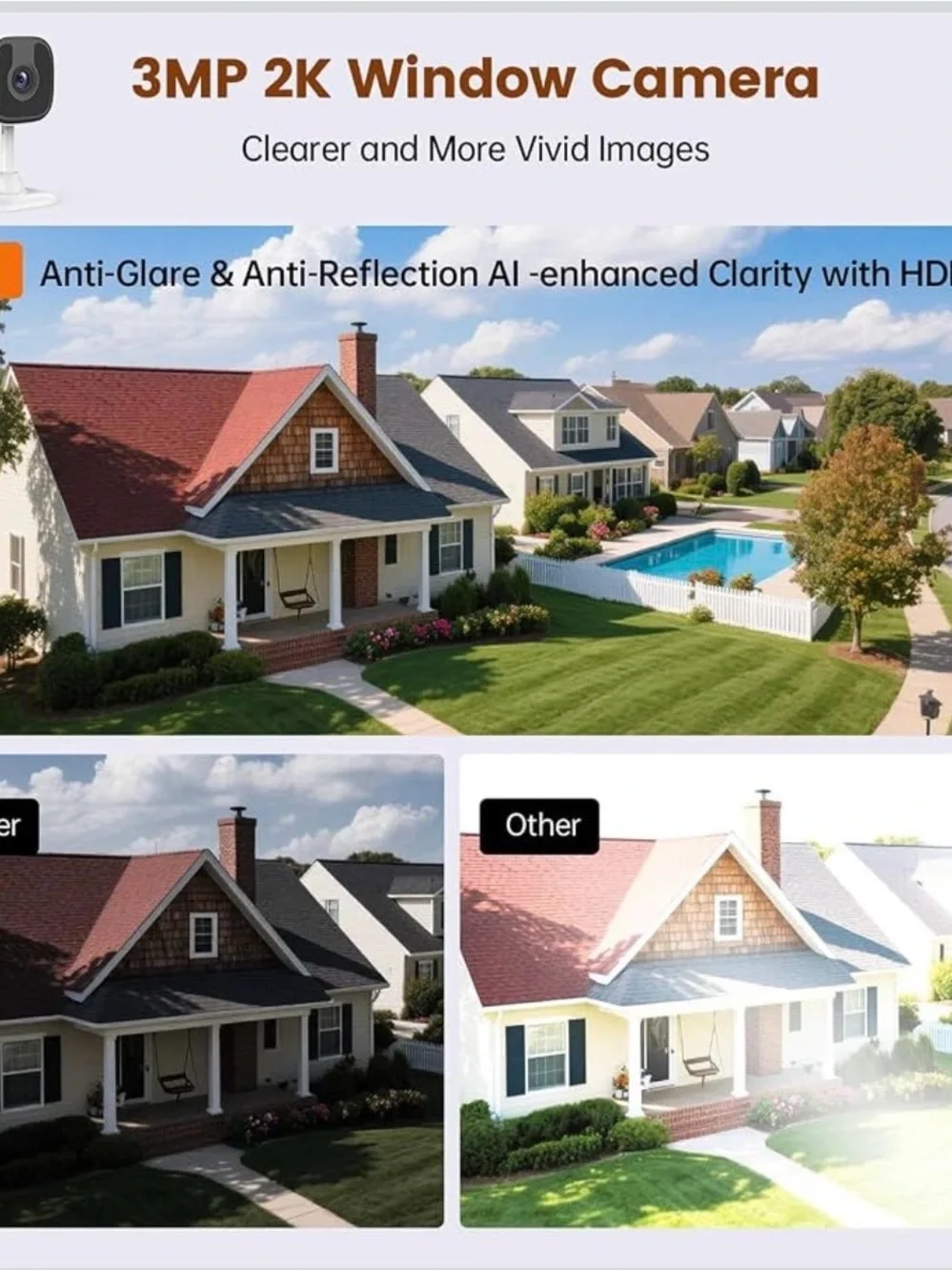 3MP 2K Window Camera - Anti-Glare, AI-enhanced Clarity